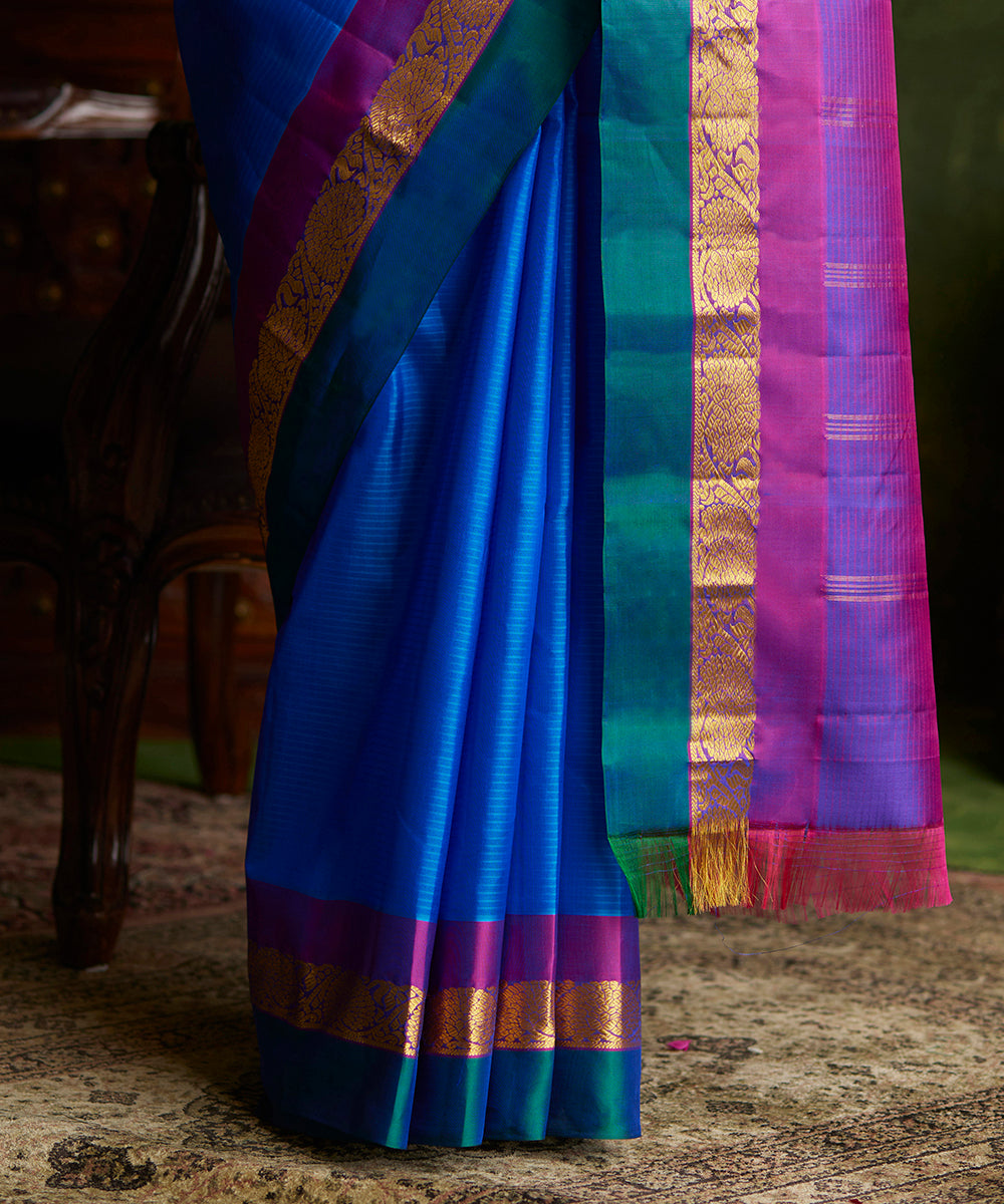 Cobalt Blue Pure Silk Handloom Kanjivaram Saree With Double Color Border