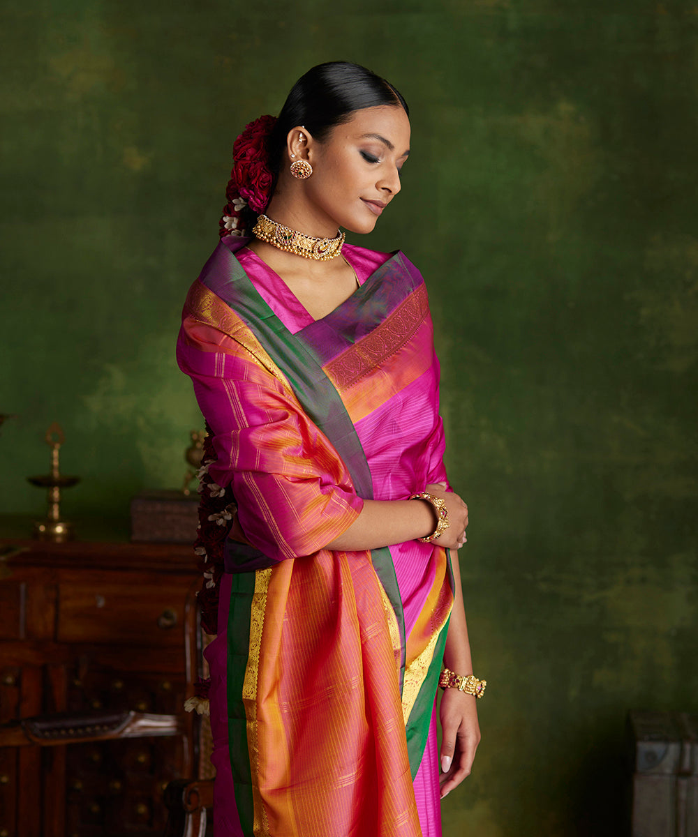 Rani_Pink_Handloom_Pure_Silk_Kanjivaram_Saree_With_Double_Color_Border_WeaverStory_01