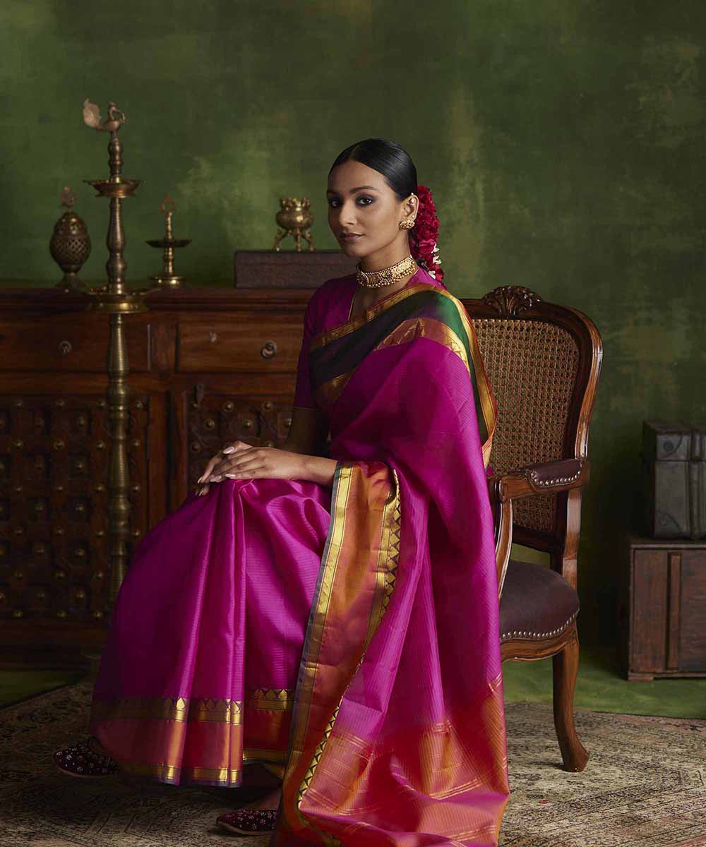 Hot_Pink_Handloom_Pure_Silk_Kanjivaram_Saree_With_Green_Border_WeaverStory_01