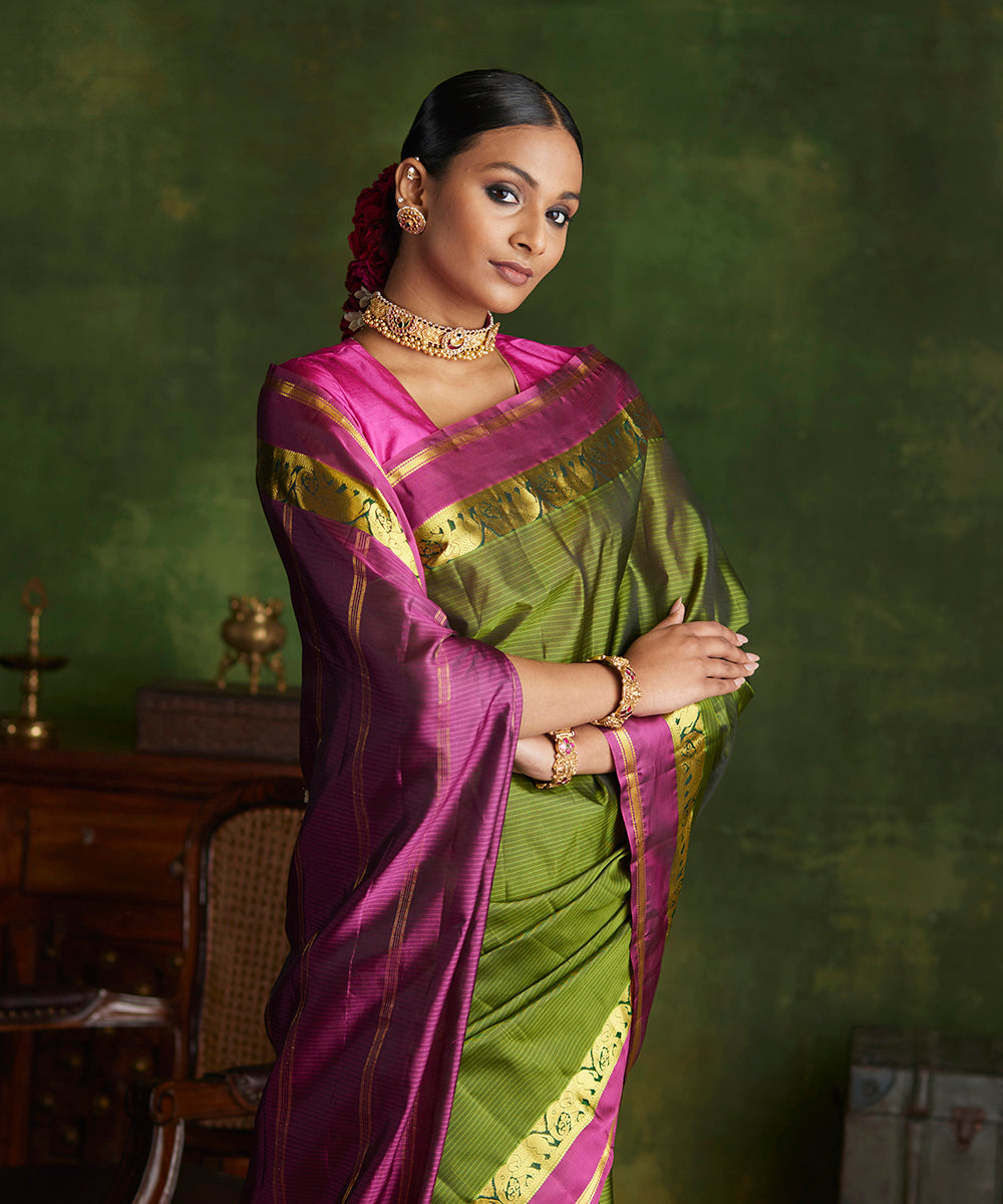 Heena_Green_Handloom_Pure_Silk_Kanjivaram_Saree_With_Purple_Border_WeaverStory_01