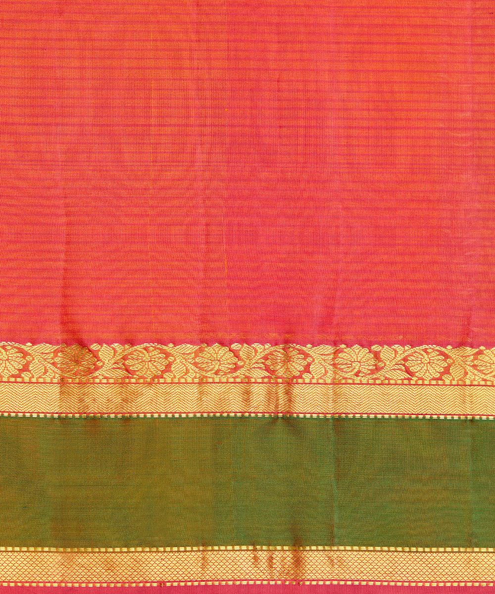 Handloom_Orange_Green_Double_Shade_Pure_Silk_Kanjivaram_Saree_With_Pink_Border_WeaverStory_06