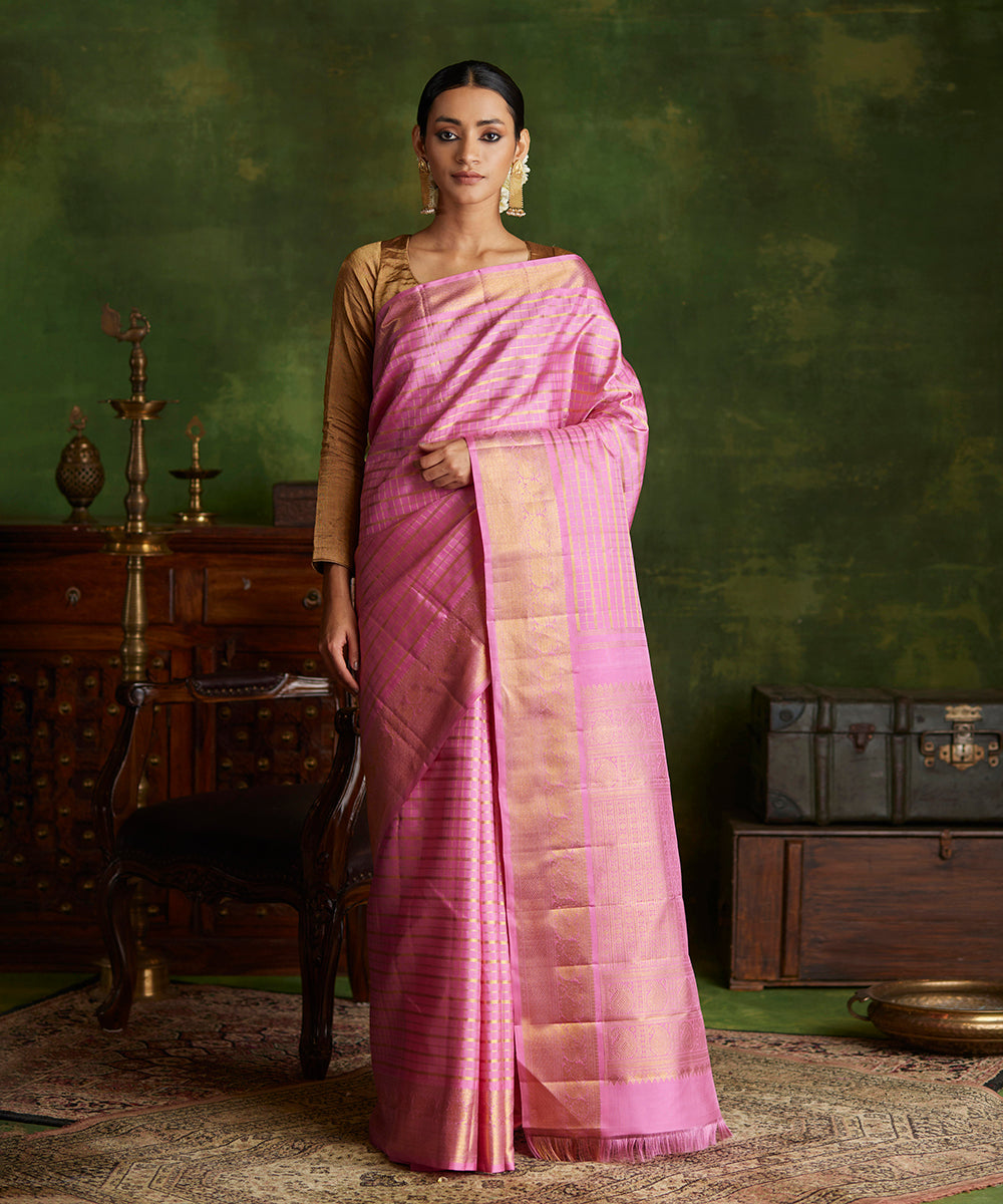 Pink_Handloom_Pure_Silk_Kanjivaram_Saree_With_Gold_Zari_Checks_And_Shikargah_Border_WeaverStory_02