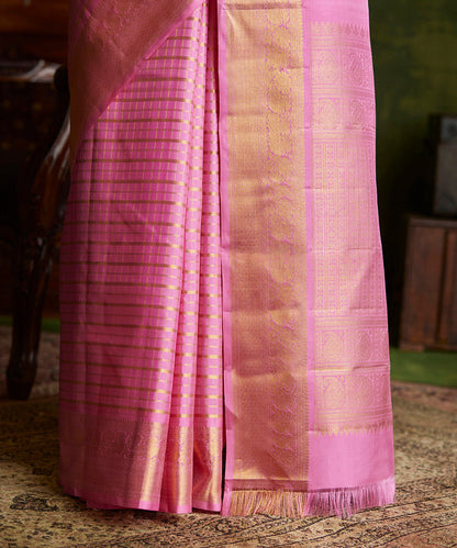 Pink_Handloom_Pure_Silk_Kanjivaram_Saree_With_Gold_Zari_Checks_And_Shikargah_Border_WeaverStory_04