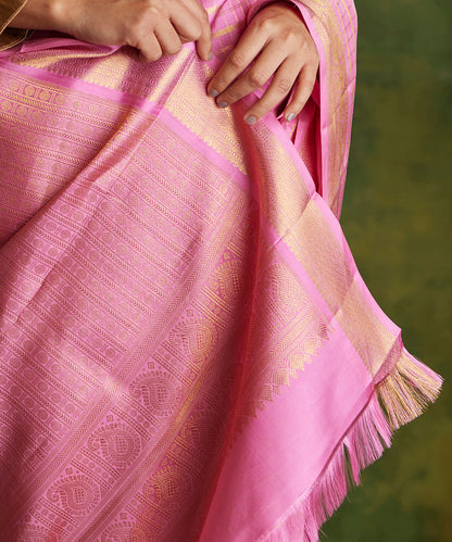 Pink_Handloom_Pure_Silk_Kanjivaram_Saree_With_Gold_Zari_Checks_And_Shikargah_Border_WeaverStory_05