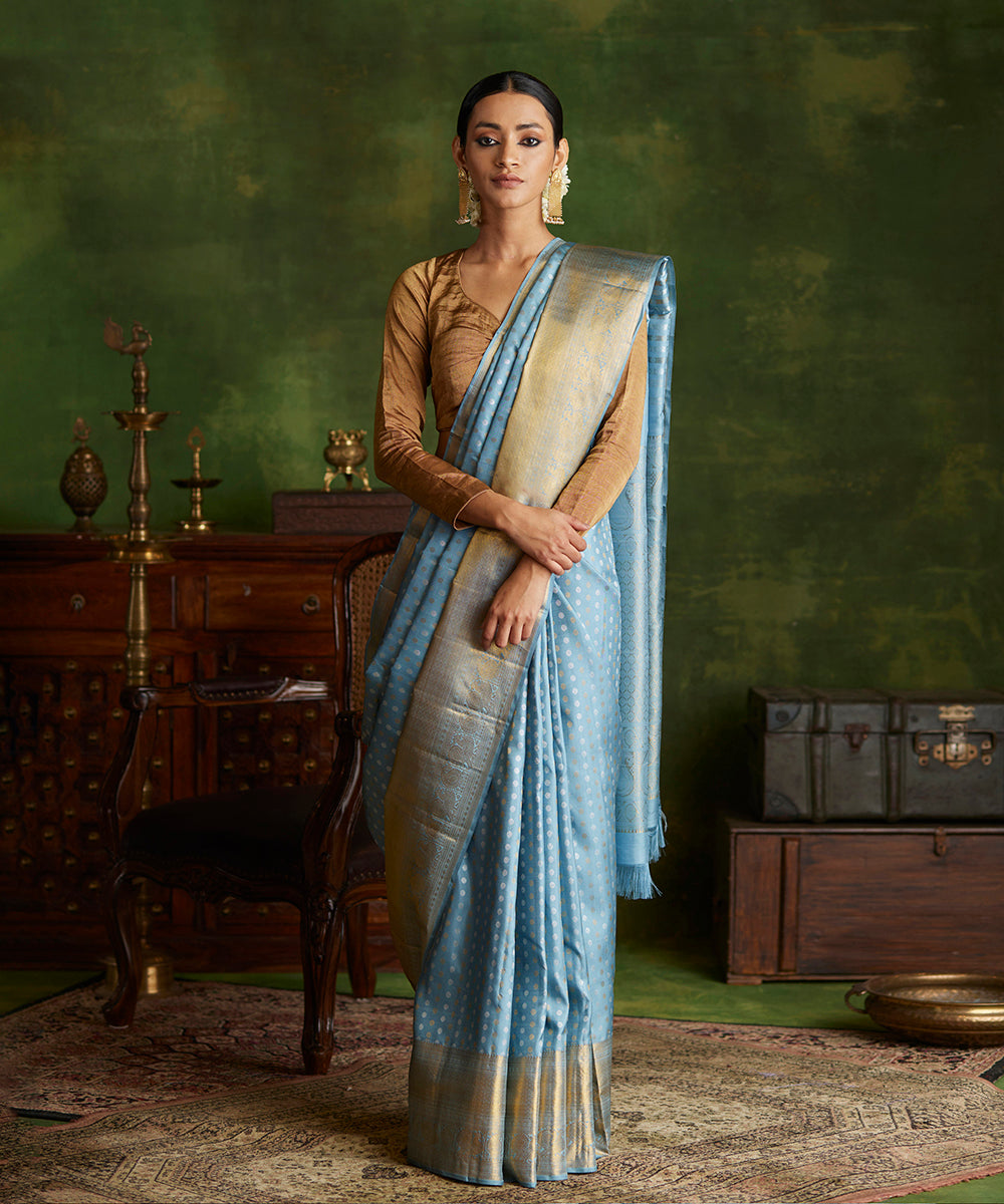 Sky_Blue_Handloom_Pure_Silk_Kanjivaram_Saree_With_Silver_And_Gold_Booti_WeaverStory_02