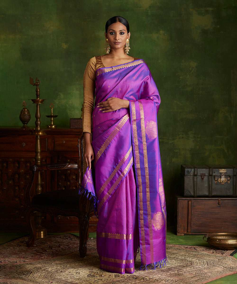 Purple_Handloom_Pure_Zari_Kanjivaram_Silk_Saree_With_Zari_Ckecks_And_Yali_Motifs_WeaverStory_02