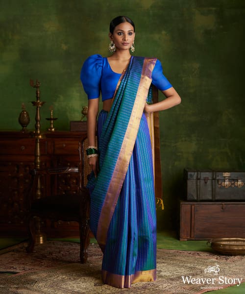 Peacock Blue Kanchipuram Silk Saree with Orange-Red Border - Tulsi Weaves