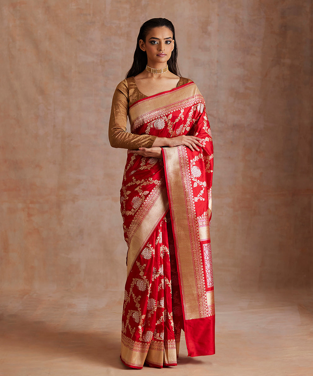 Red_Handloom_Pure_Katan_Silk_Banarasi_Saree_With_Meenakari_Floral_Jaal_WeaverStory_02