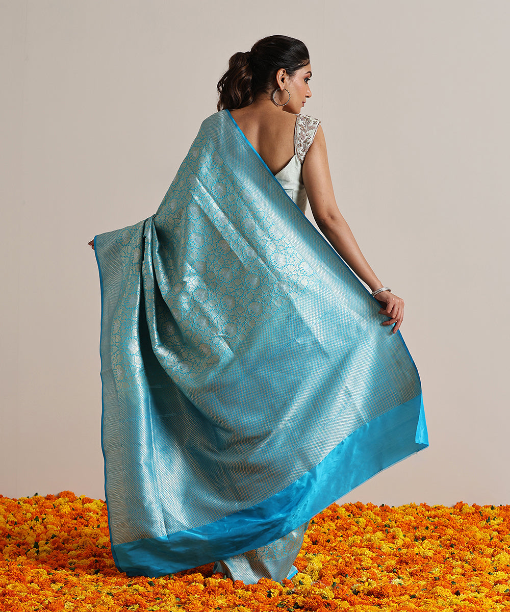 Light Teal Blue Banarasi Beautiful Zari Work In Form Of Traditional Motifs  Soft Silk Saree