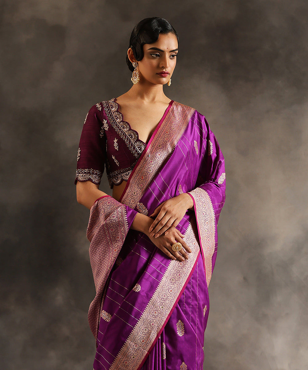 Handloom_Purple_Pure_Katan_Silk_Banarasi_Saree_With_Kadhwa_Booti_And_Vertical_Zari_Stripes_WeaverStory_01