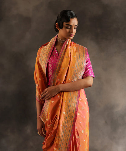 Yellow_And_Pink_Dual_Tone_Handloom_Banarasi_Saree_With_Open_Zari_Border_And_Pink_Blouse_WeaverStory_01