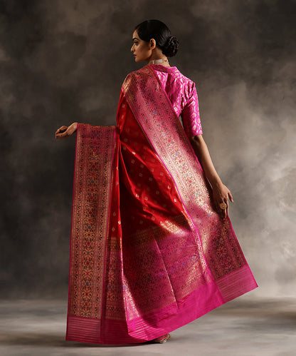 Red_Handloom_Pure_Katan_Silk_Banarasi_Saree_With_Pink_And_Gold_Paithani_Border_WeaverStory_03