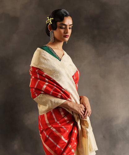 Red_Handloom_Pure_Katan_Silk_Banarasi_Saree_With_Offwhite_And_Gold_Zari_Border_And_Vertical_Zari_Stripes_WeaverStory_01