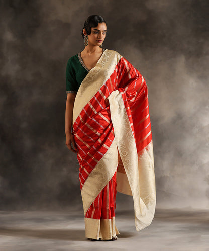 Red_Handloom_Pure_Katan_Silk_Banarasi_Saree_With_Offwhite_And_Gold_Zari_Border_And_Vertical_Zari_Stripes_WeaverStory_02