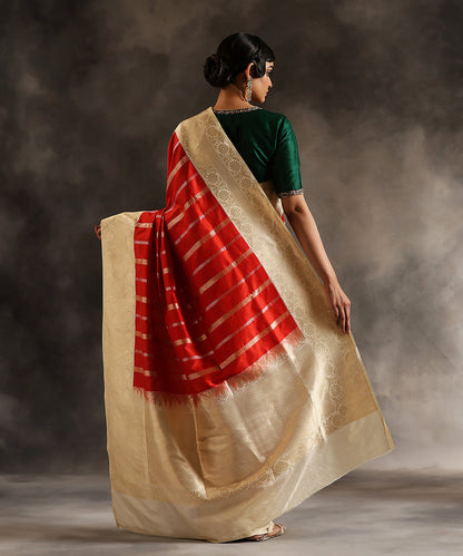 Red_Handloom_Pure_Katan_Silk_Banarasi_Saree_With_Offwhite_And_Gold_Zari_Border_And_Vertical_Zari_Stripes_WeaverStory_03