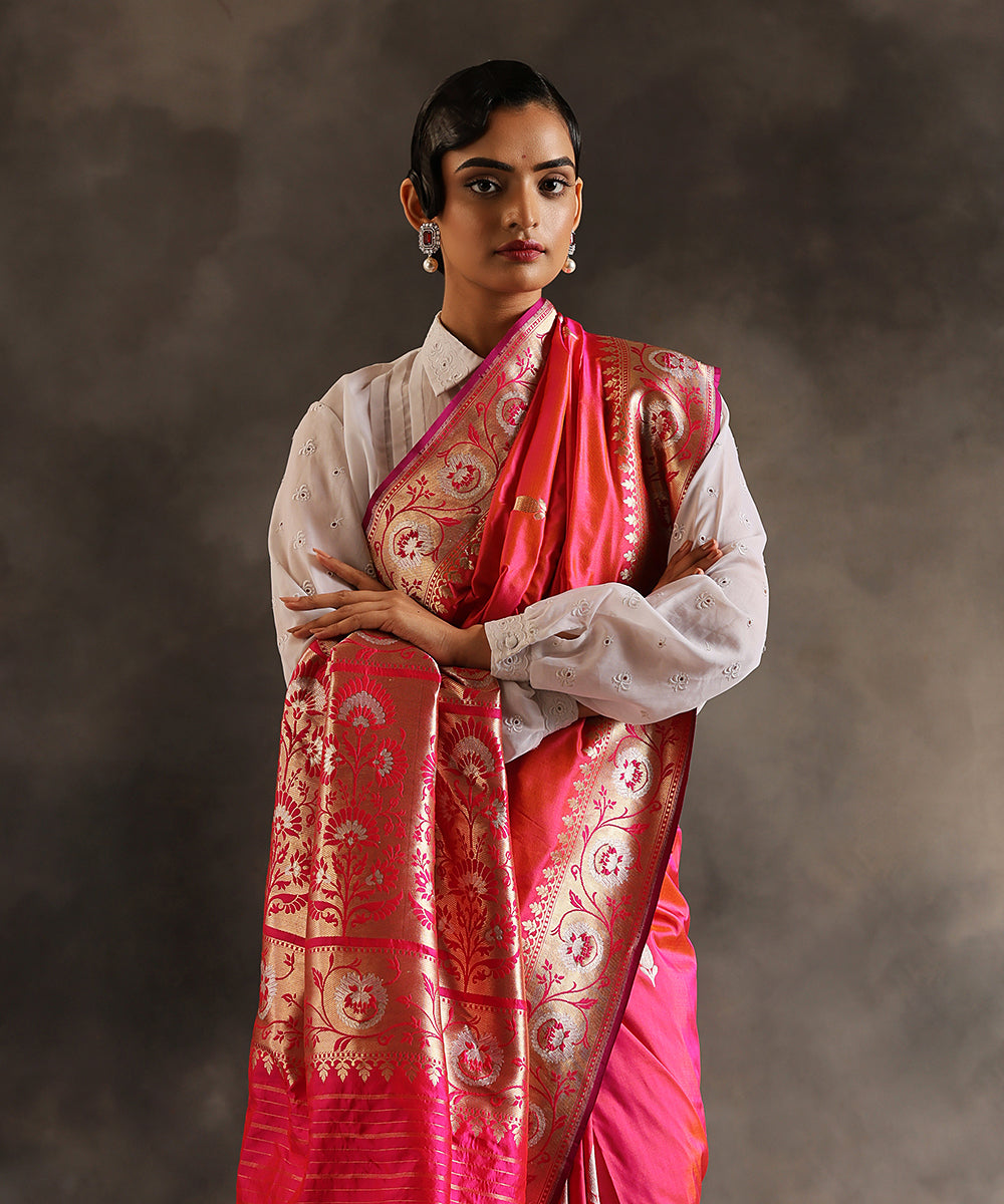 Pink_Handloom_Pure_Katan_Silk_Banarasi_Saree_With_Kadhwa_Leaf_Motifs_And_Zari_Border_WeaverStory_01