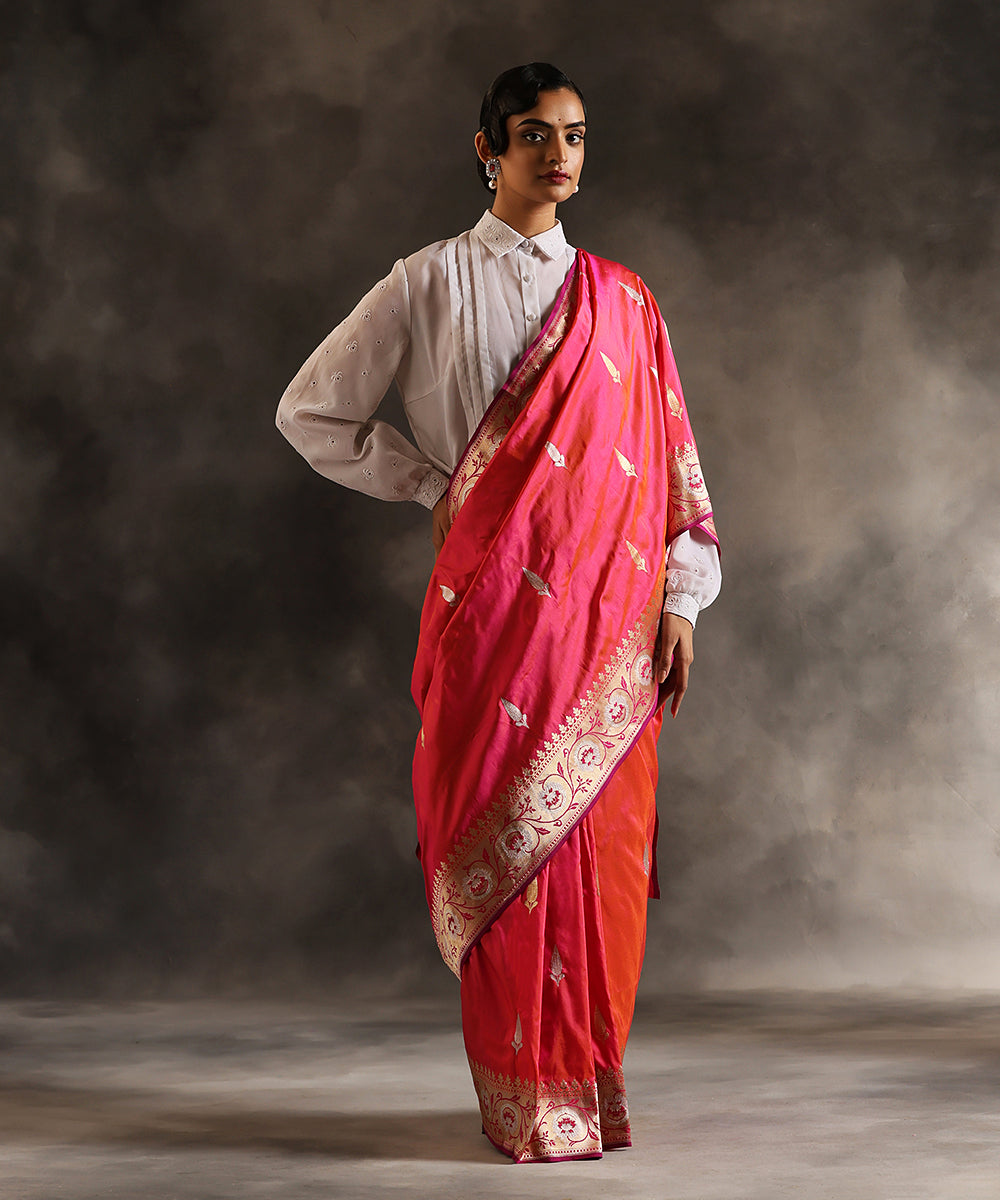 Pink_Handloom_Pure_Katan_Silk_Banarasi_Saree_With_Kadhwa_Leaf_Motifs_And_Zari_Border_WeaverStory_02