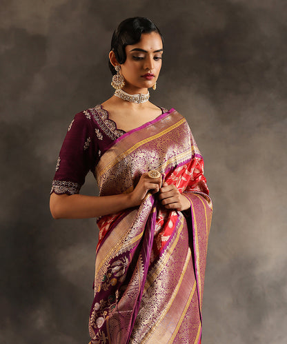 Handloom_Red_Pure_Katan_Silk_Banarasi_Saree_With_All_Over_Zari_Jaal_And_Purple_Meenakari_Border_WeaverStory_01