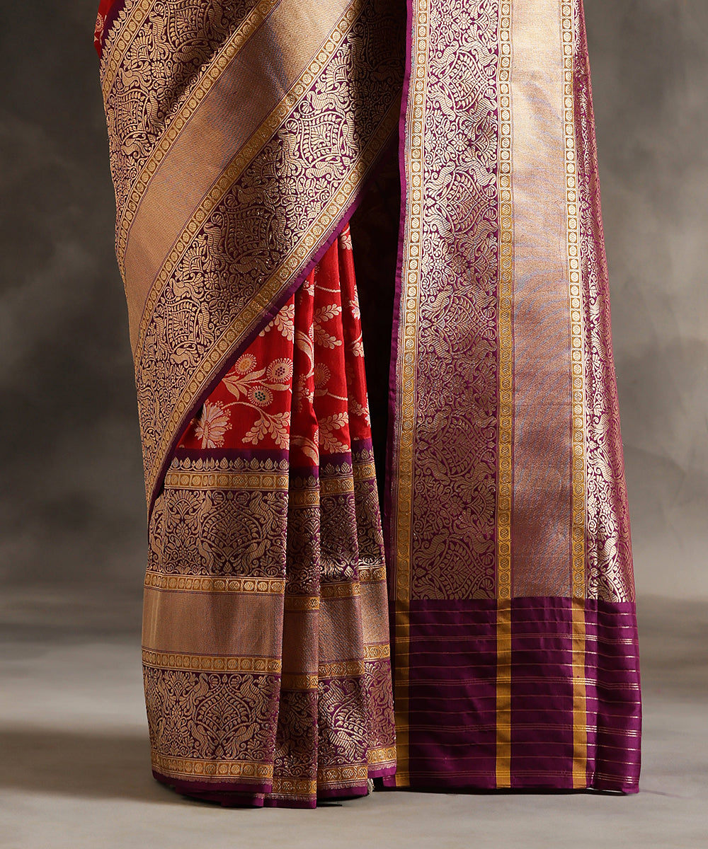 Handloom_Red_Pure_Katan_Silk_Banarasi_Saree_With_All_Over_Zari_Jaal_And_Purple_Meenakari_Border_WeaverStory_04