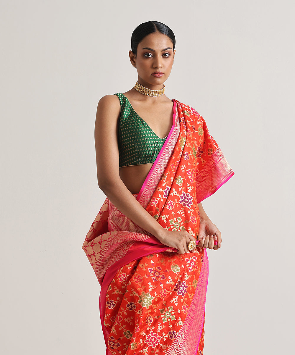 Handloom_Orange_Meenakari_Banarasi_Patola_Saree_With_Pink_Border_WeaverStory_01