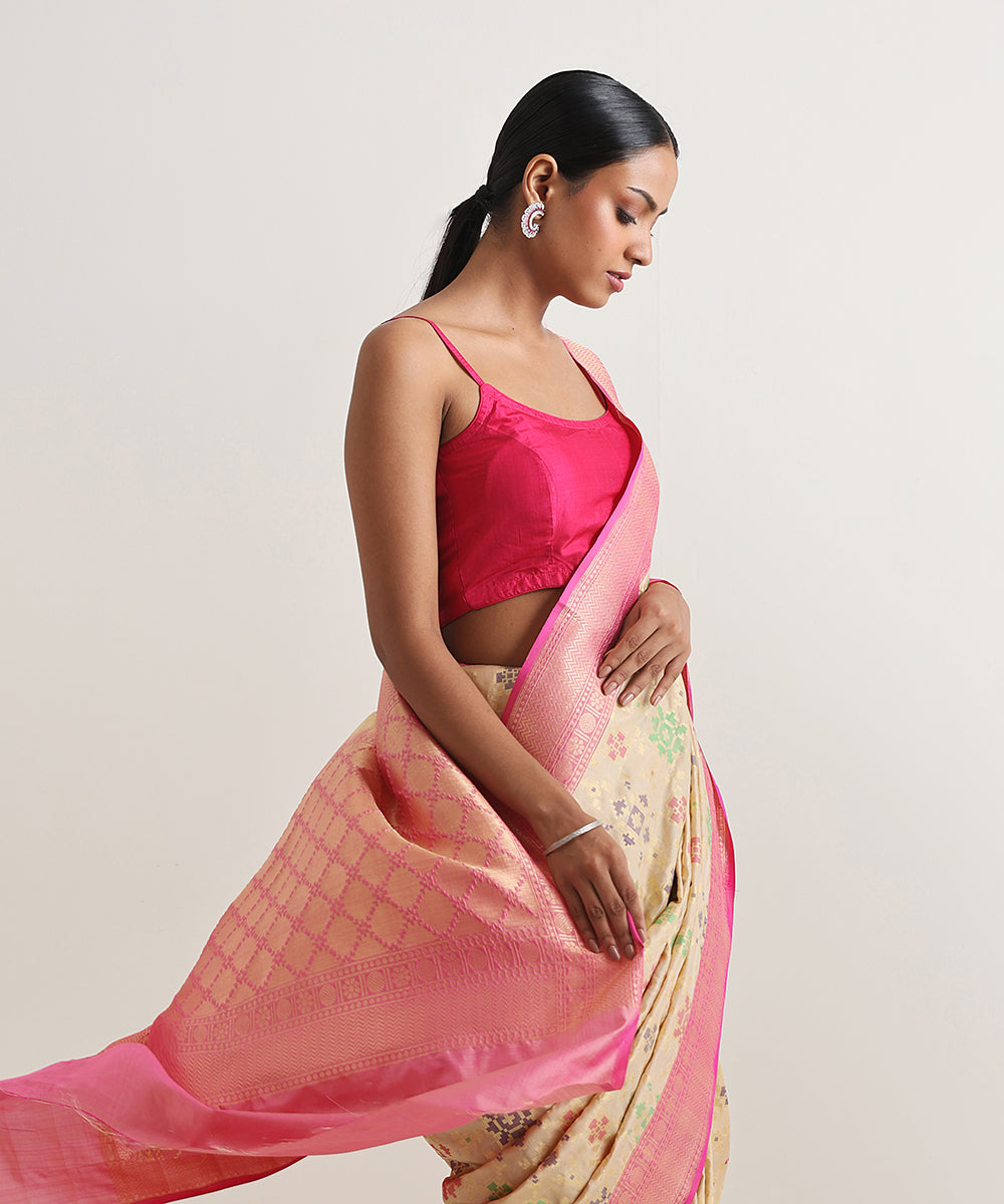 Beige_Handloom_Meenakari_Banarasi_Patola_Saree_With_Pink_Border_WeaverStory_01