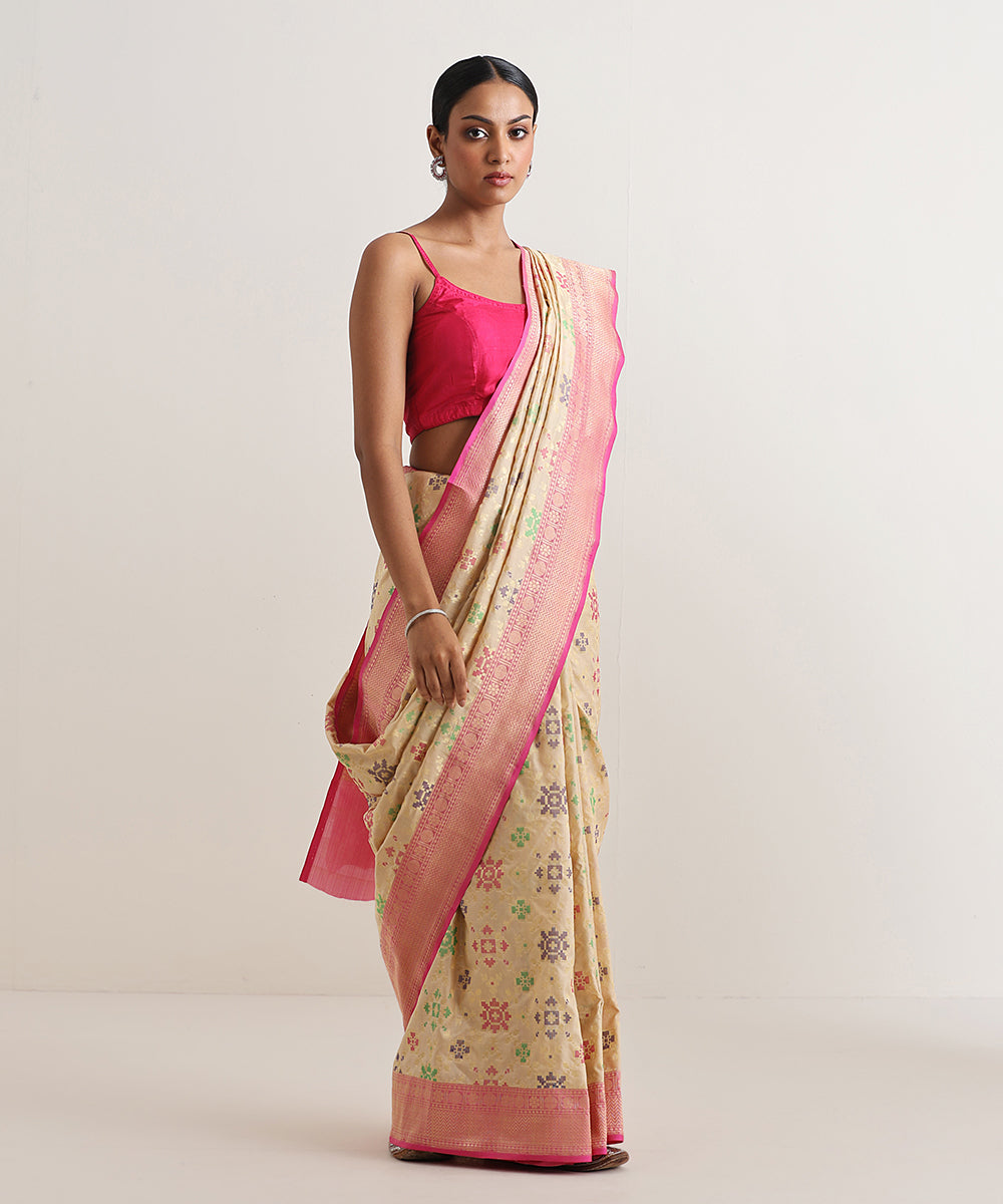 Beige_Handloom_Meenakari_Banarasi_Patola_Saree_With_Pink_Border_WeaverStory_02