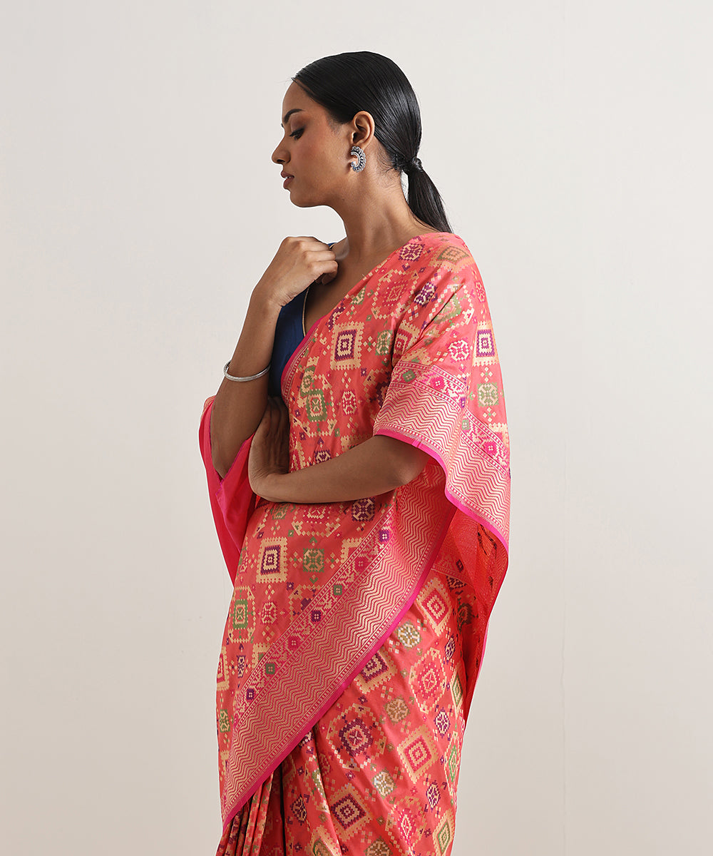 Handloom_Peach_Meenakari_Banarasi_Patola_Saree_With_Pink_Border_WeaverStory_01