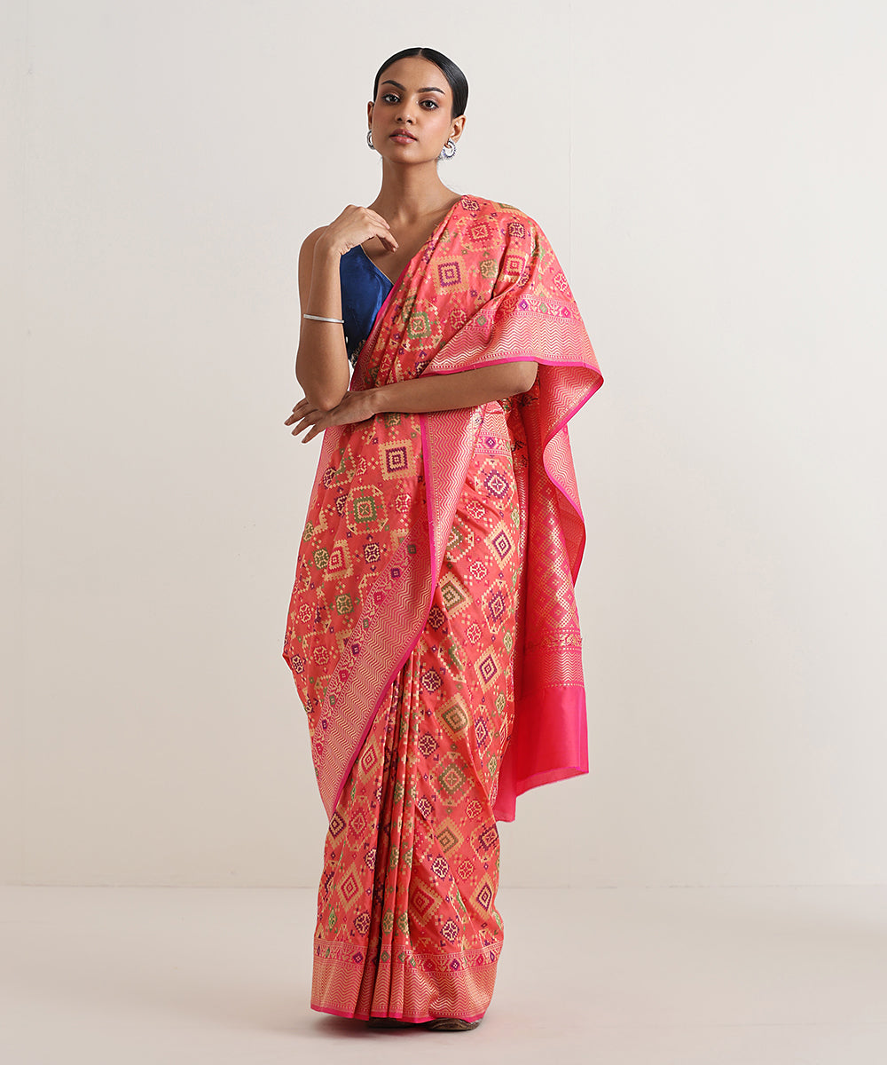 Handloom_Peach_Meenakari_Banarasi_Patola_Saree_With_Pink_Border_WeaverStory_02