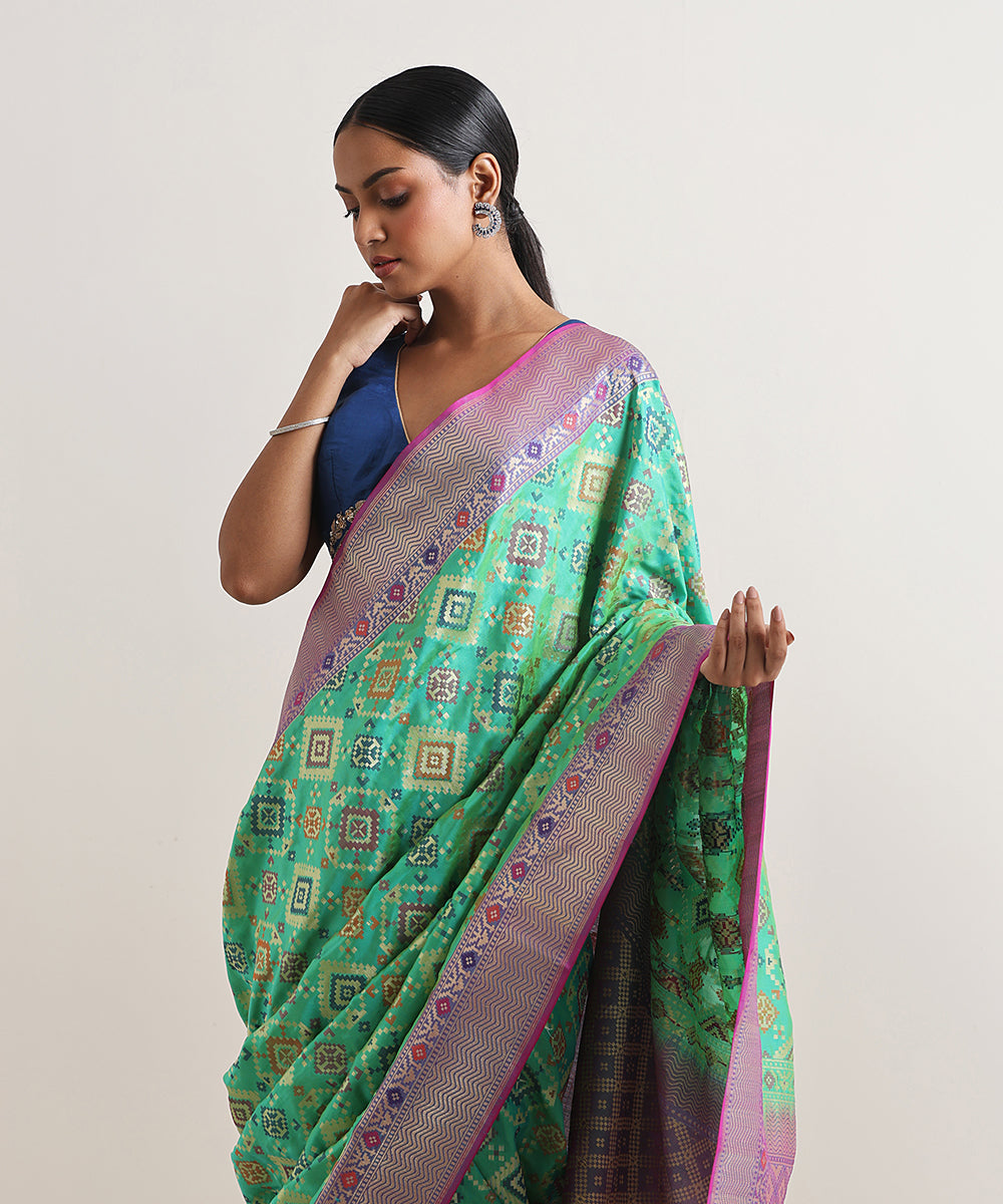 Teal_Green_Handloom_Meenakari_Banarasi_Patola_Saree_With_Purple_Border_WeaverStory_01