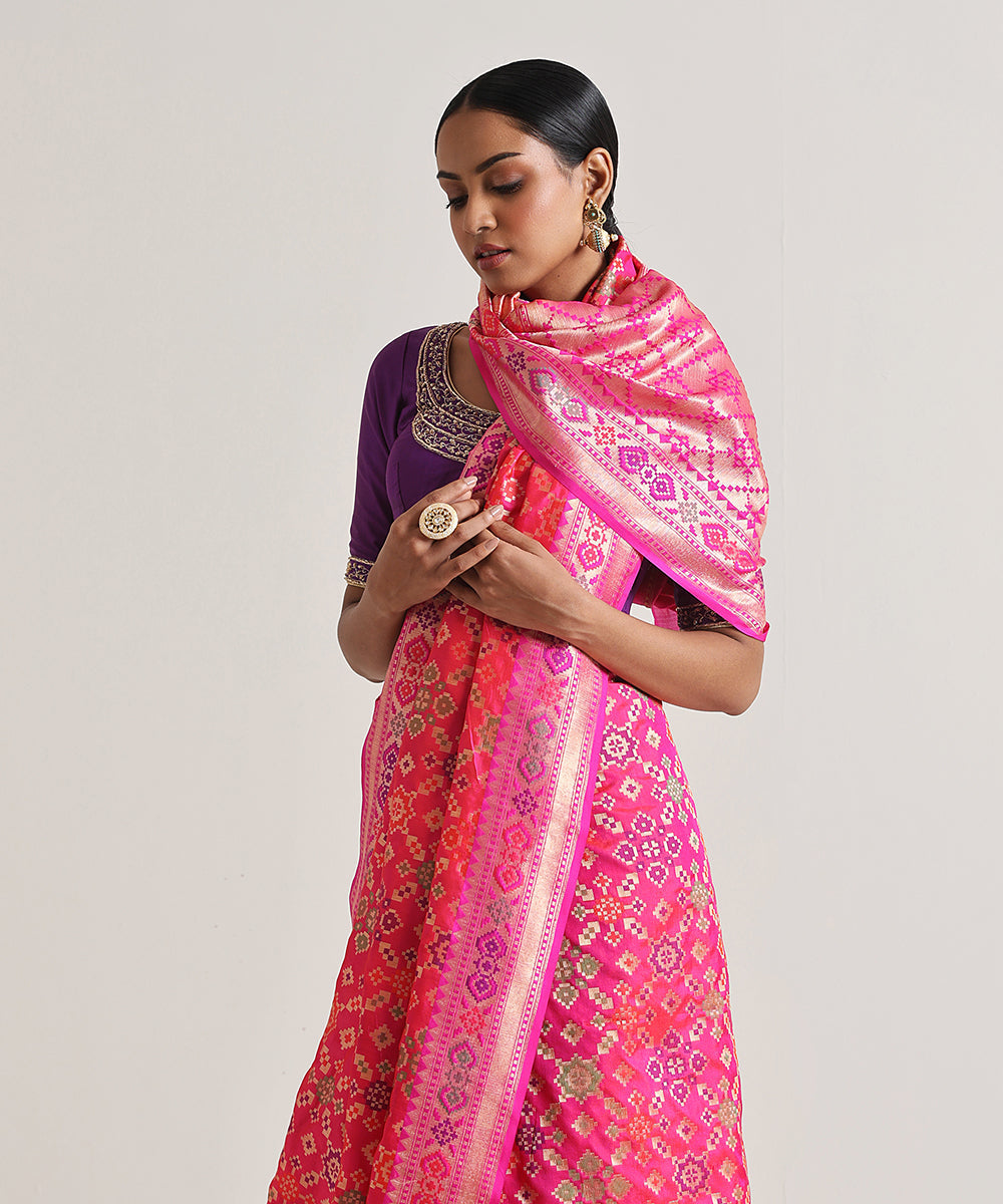 Pink_Handloom_Meenakari_Banarasi_Patola_Saree_With_Pink_Border_WeaverStory_01