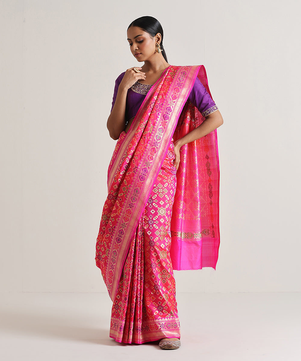 Pink_Handloom_Meenakari_Banarasi_Patola_Saree_With_Pink_Border_WeaverStory_02