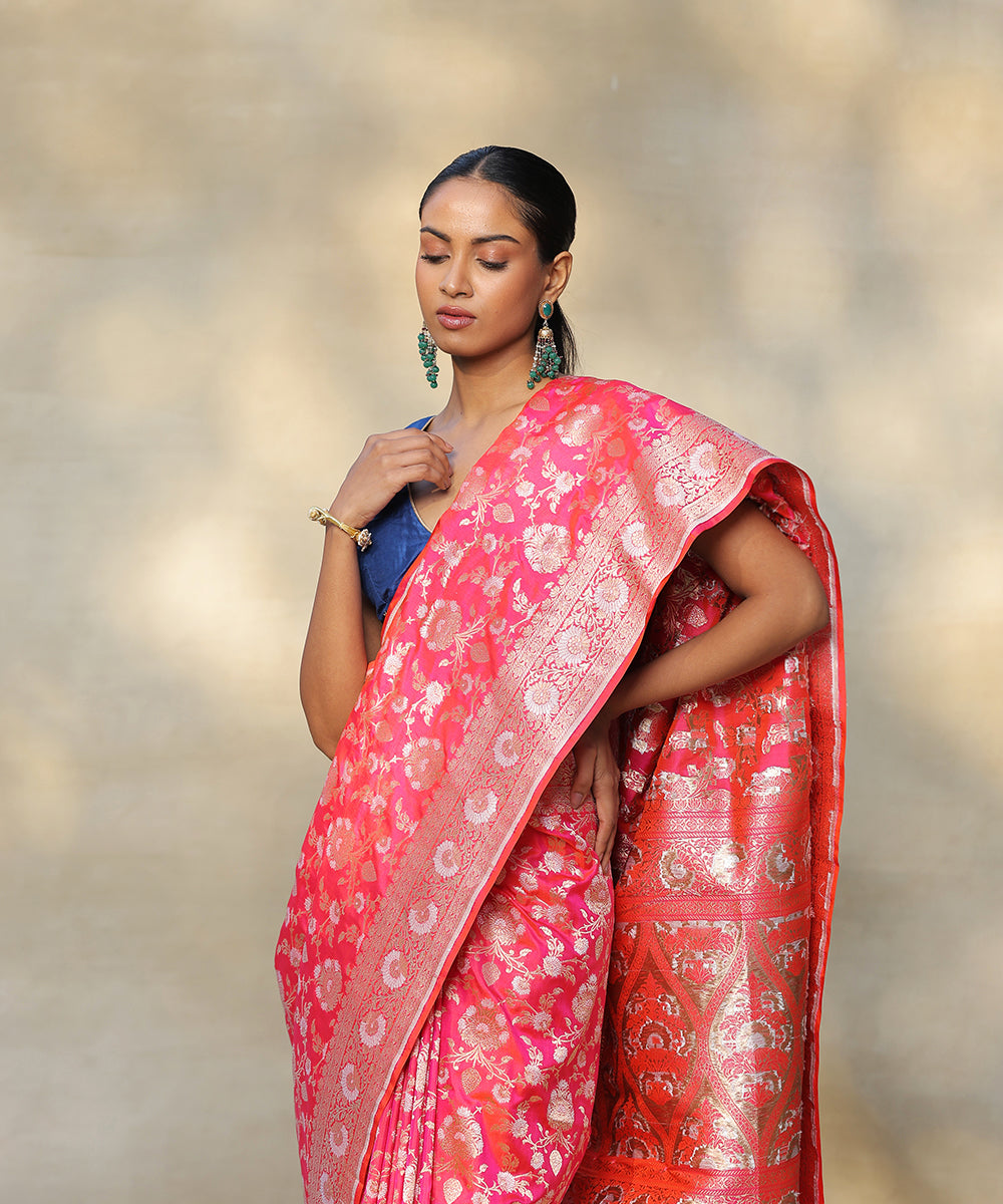 Hot_Pink_Double_Shade_Handloom_Pure_Katan_Silk_Banarasi_Saree_With_Cutwork_Jaal_WeaverStory_01