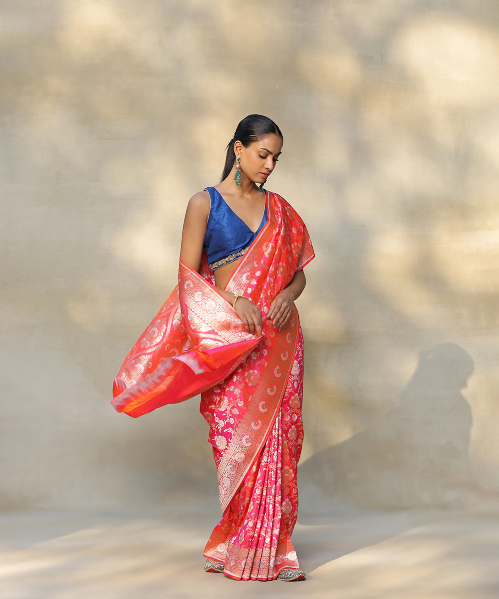 Hot_Pink_Double_Shade_Handloom_Pure_Katan_Silk_Banarasi_Saree_With_Cutwork_Jaal_WeaverStory_02