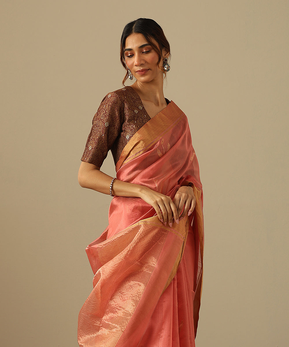 Peach_Pink_Handloom_Pure_Silk_Chanderi_Saree_With_Gold_Zari_Booti_And_Tissue_Border_WeaverStory_01
