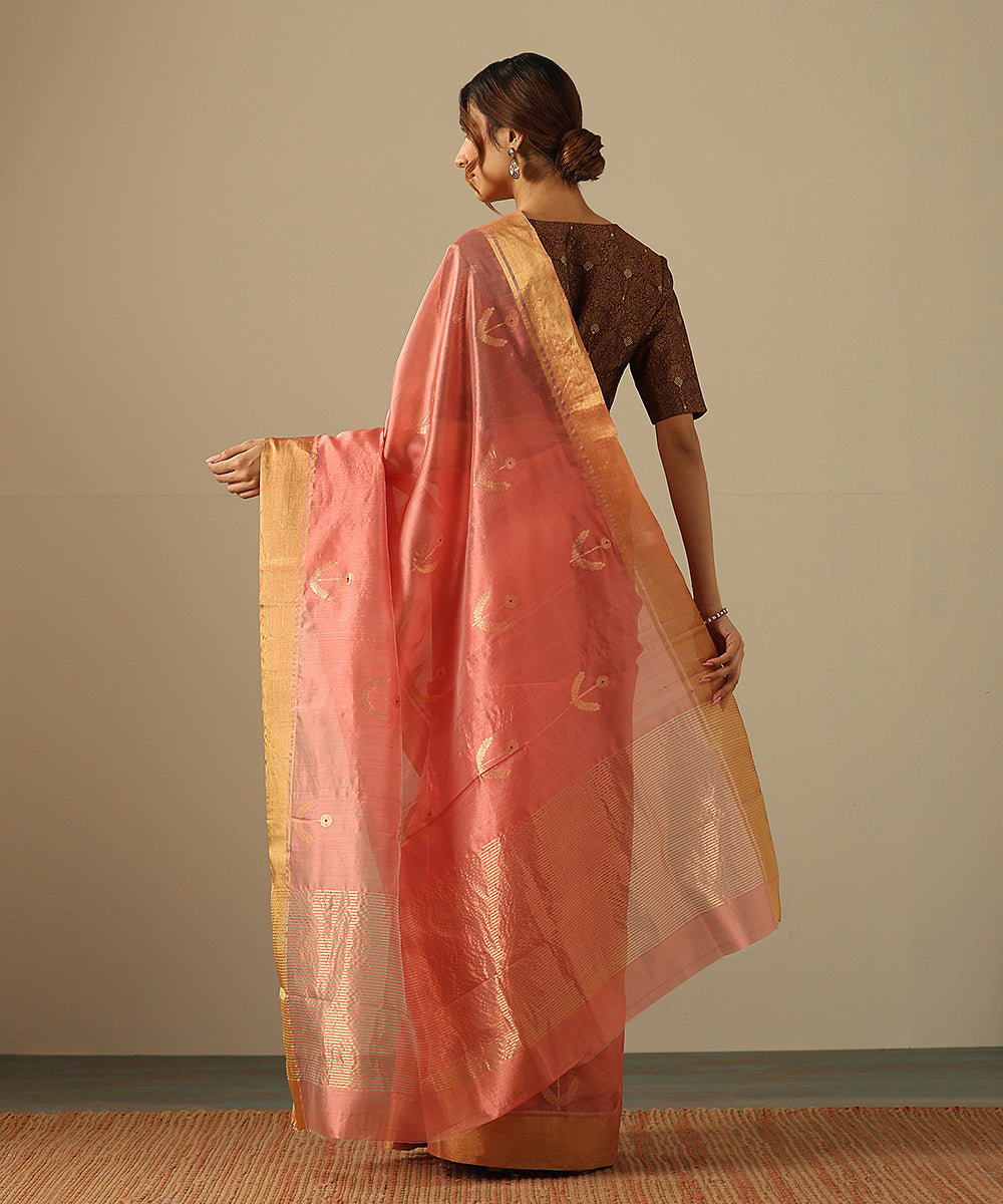 Peach_Pink_Handloom_Pure_Silk_Chanderi_Saree_With_Gold_Zari_Booti_And_Tissue_Border_WeaverStory_03