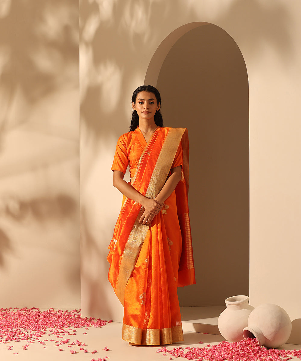 Handloom_Orange_Pure_Chanderi_Gulamb_Saree_With_Meena_Booti_WeaverStory_02