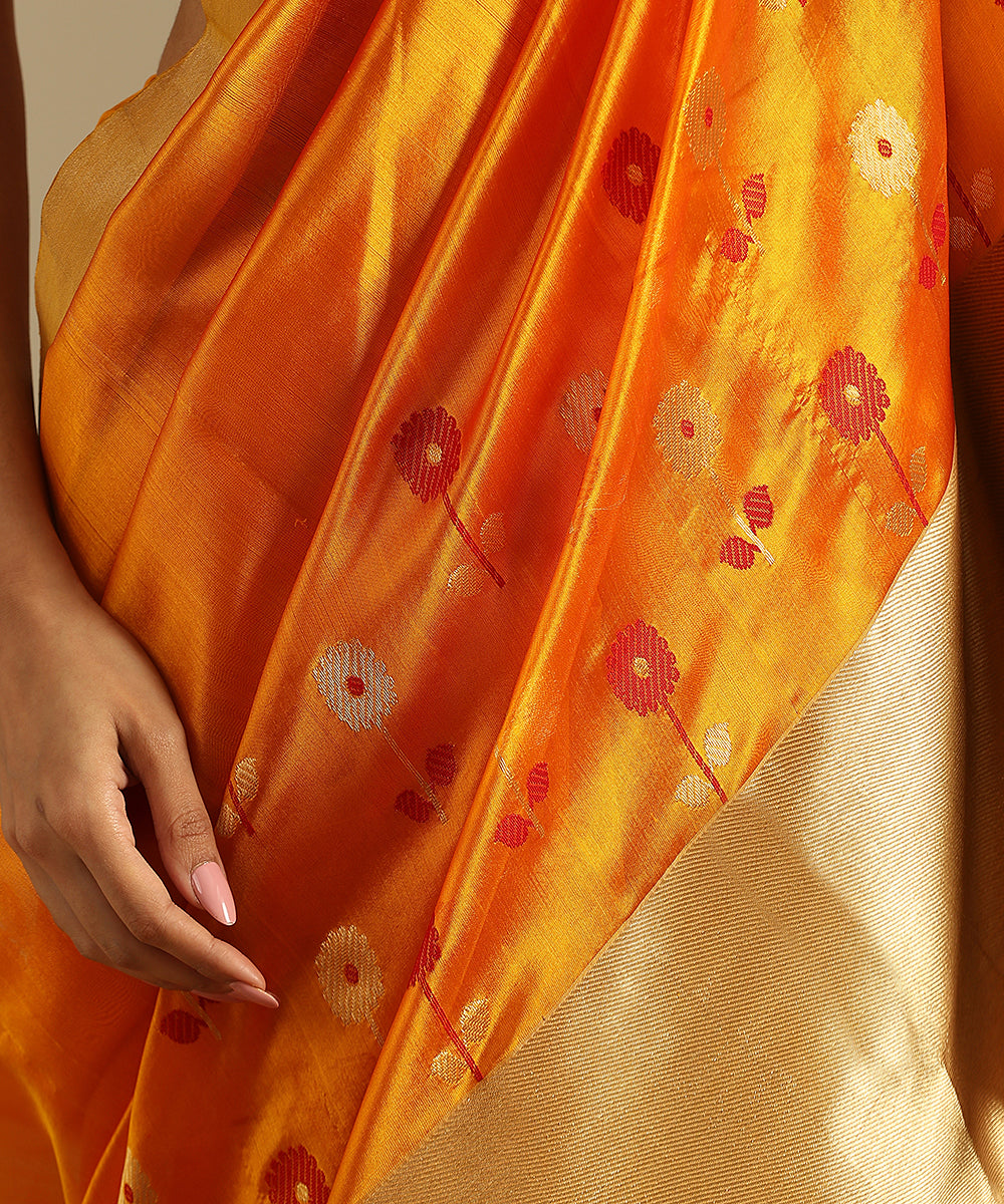 Handloom_Orange_Pure_Silk_Chanderi_Saree_With_Dopatti_Booti_And_Nakshi_Border__WeaverStory_04