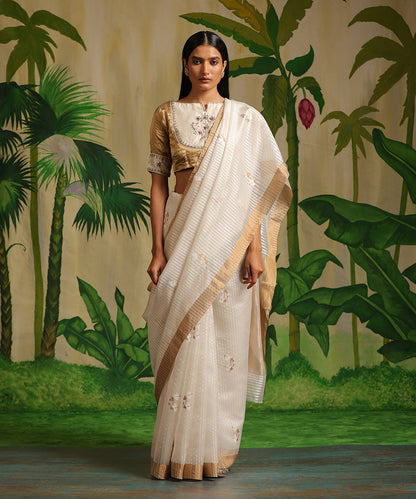 Off_White_Handloom_Striped_Pure_Chanderi_Silk_Saree_With_Hibiscus_Flower_WeaverStory_02