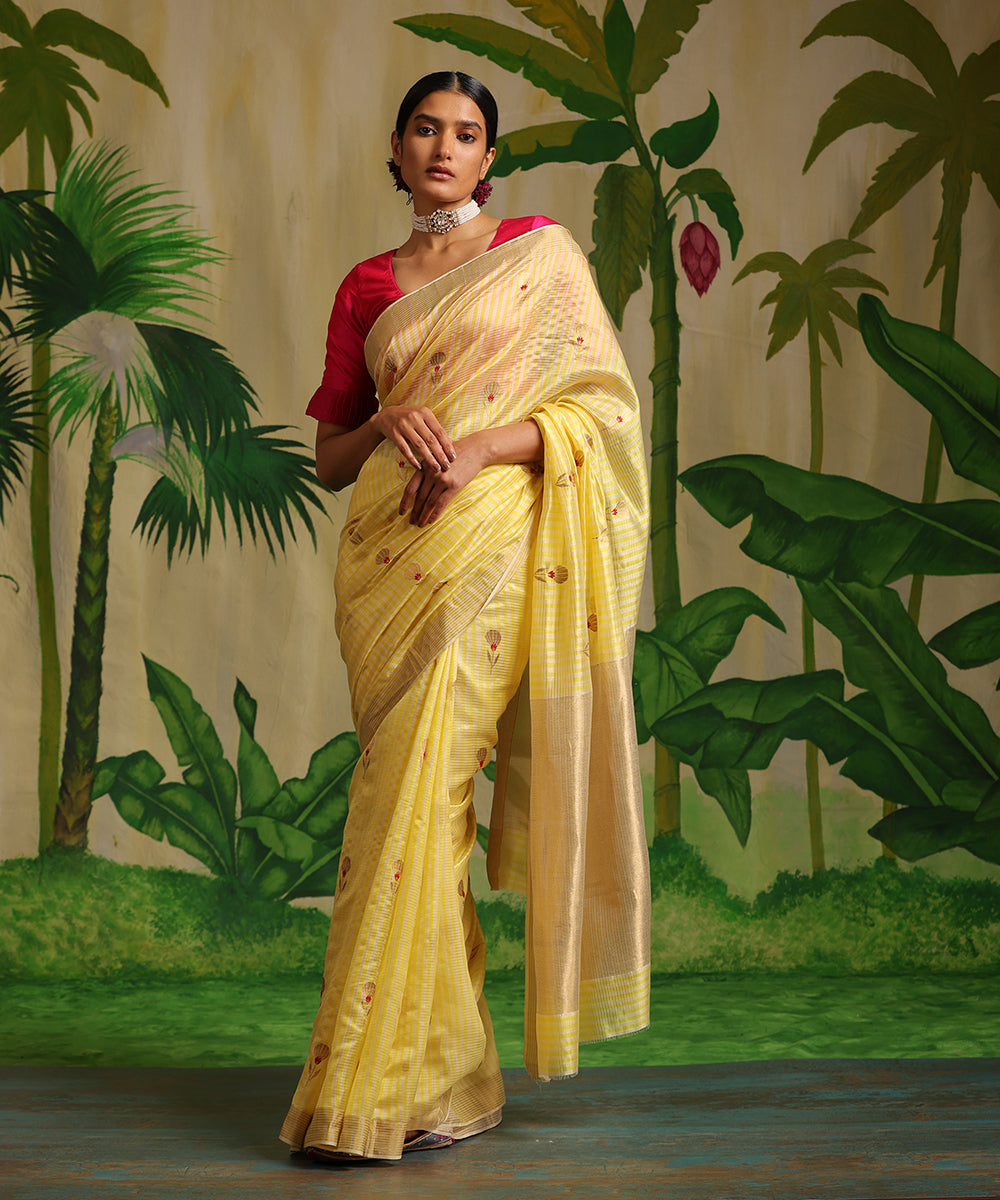 Handloom_Pastel_Yellow_Striped_Pure_Chanderi_Silk_Saree_With_Booti_WeaverStory_02