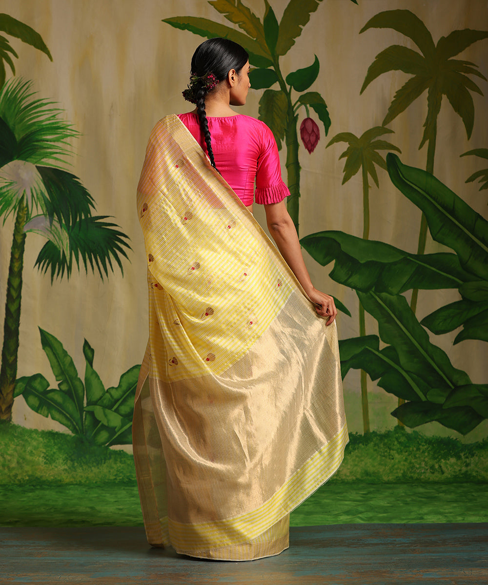 Handloom_Pastel_Yellow_Striped_Pure_Chanderi_Silk_Saree_With_Booti_WeaverStory_03