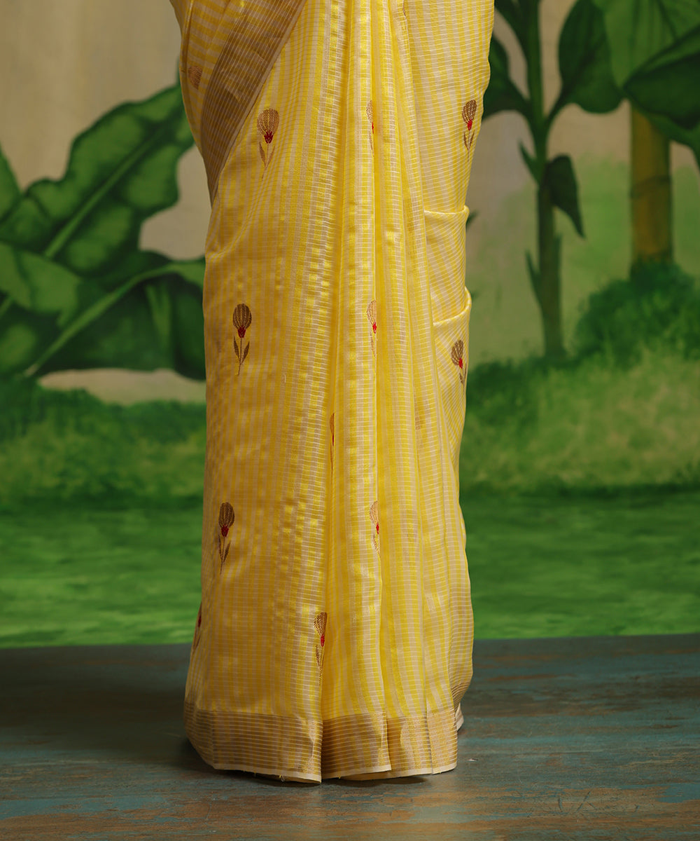 Handloom_Pastel_Yellow_Striped_Pure_Chanderi_Silk_Saree_With_Booti_WeaverStory_04