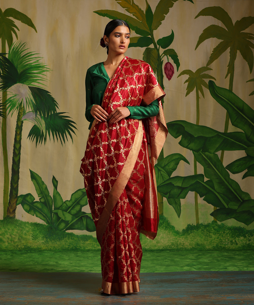 Red_Handloom_Pure_Chanderi_Silk_Saree_With_Zari_Jaal_WeaverStory_02