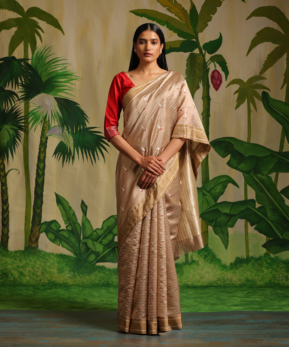 Khaki_Handloom_Striped_Pure_Chanderi_Silk_Saree_With_Tilak_Meenakari_Booti_WeaverStory_02