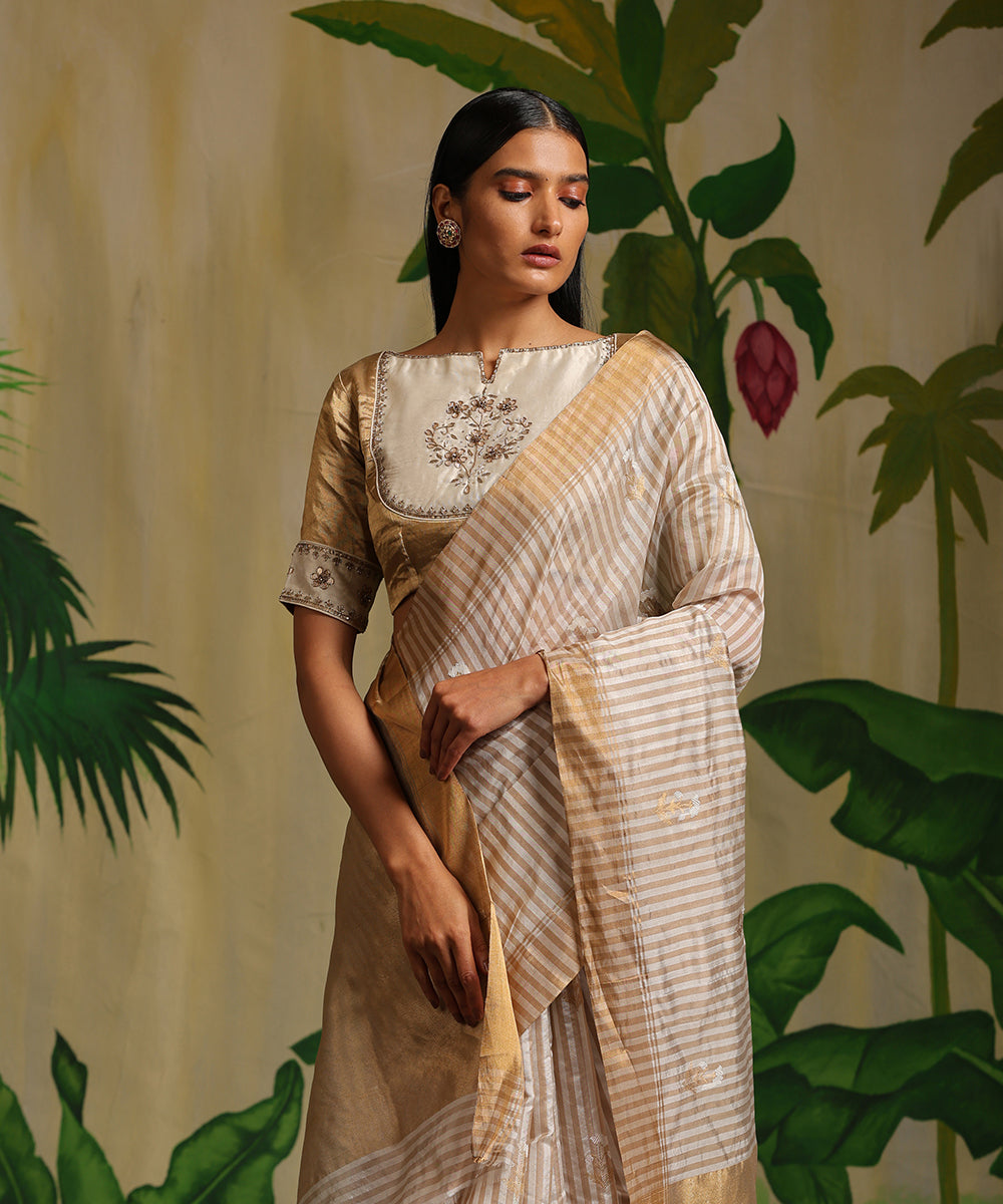 Handloom_Cream_And_White_Striped_Pure_Chanderi_Silk_Saree_With_Meena_Booti_WeaverStory_01