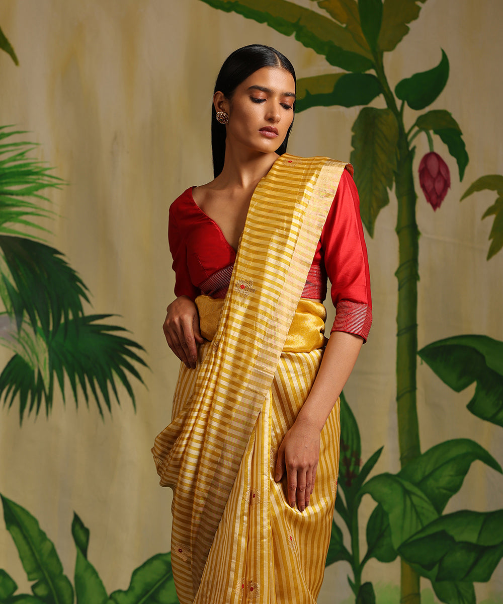 Mustard_Handloom_Striped_Pure_Chanderi_Silk_With_Meena_Guldasta_Booti_WeaverStory_01