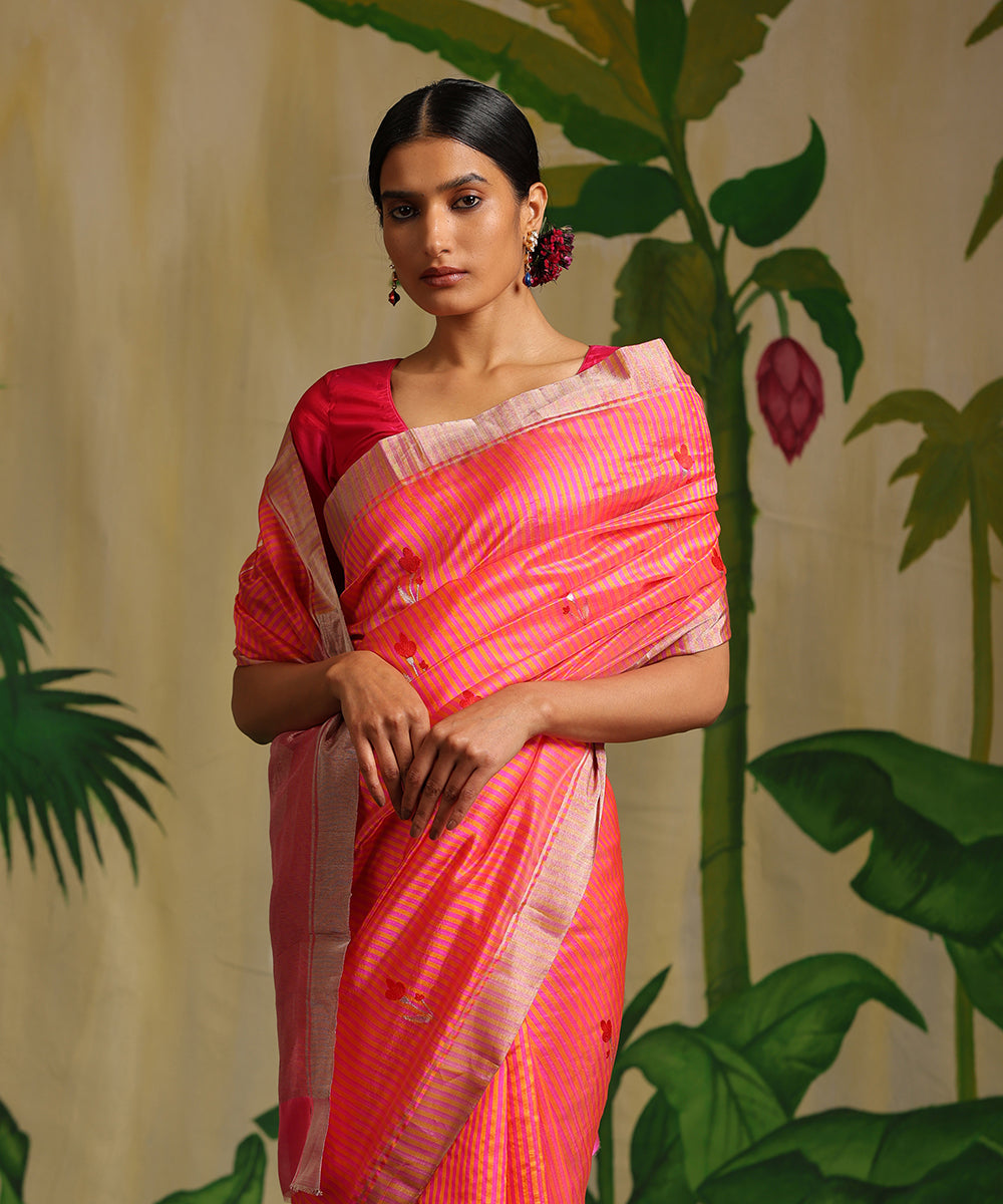 Rani_Pink_And_Orange_Handloom_Striped_Pure_Chanderi_Silk_Saree_With_Flower_Booti_WeaverStory_01