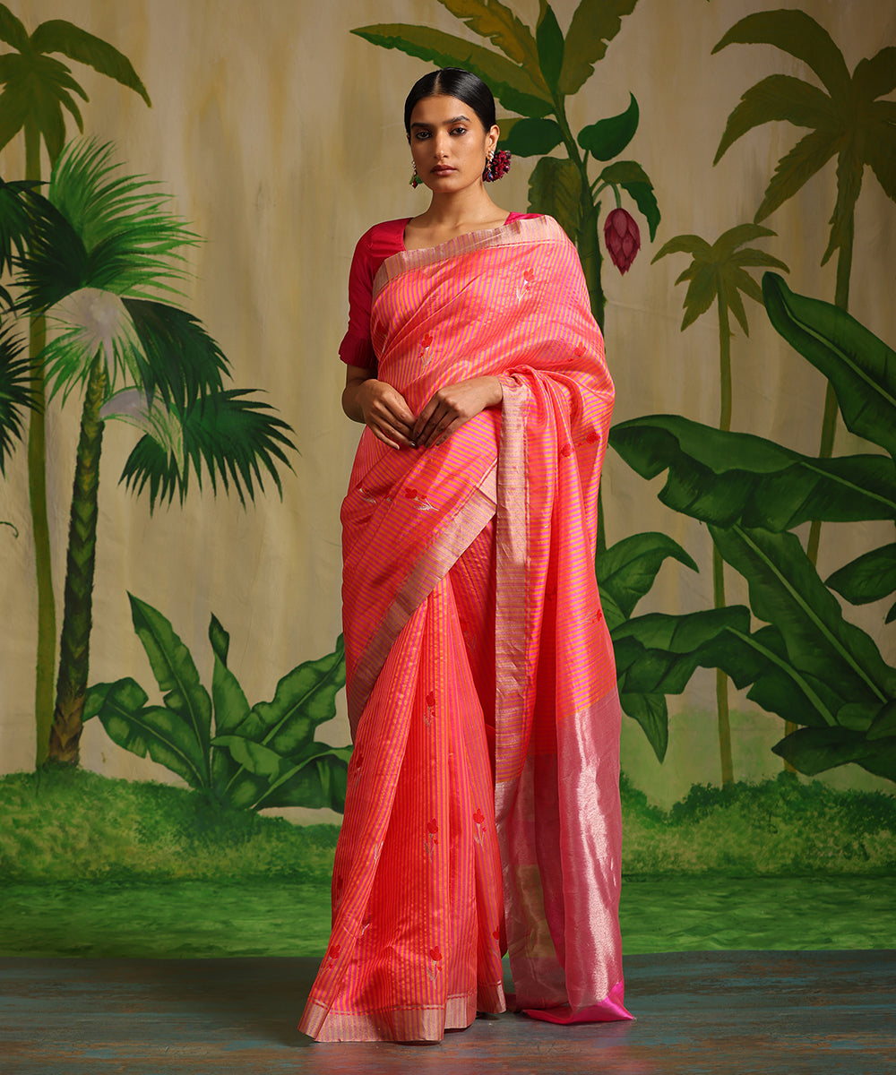 Rani_Pink_And_Orange_Handloom_Striped_Pure_Chanderi_Silk_Saree_With_Flower_Booti_WeaverStory_02