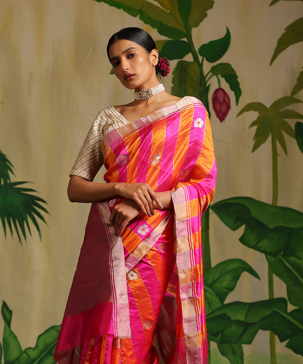 Orange_And_Rani_Handloom_Striped_Pure_Chanderi_Silk_Saree_With_5_Petal_Flower_Booti_WeaverStory_01