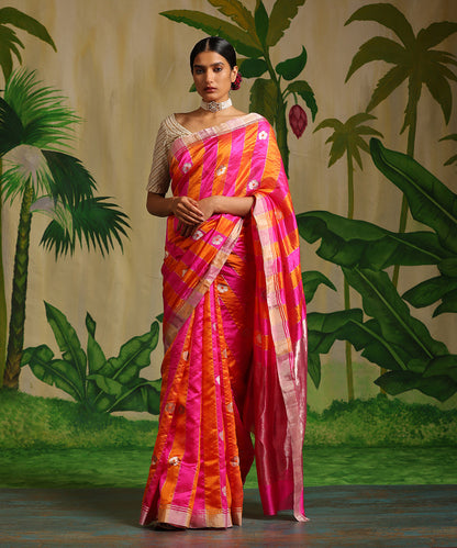 Orange_And_Rani_Handloom_Striped_Pure_Chanderi_Silk_Saree_With_5_Petal_Flower_Booti_WeaverStory_02