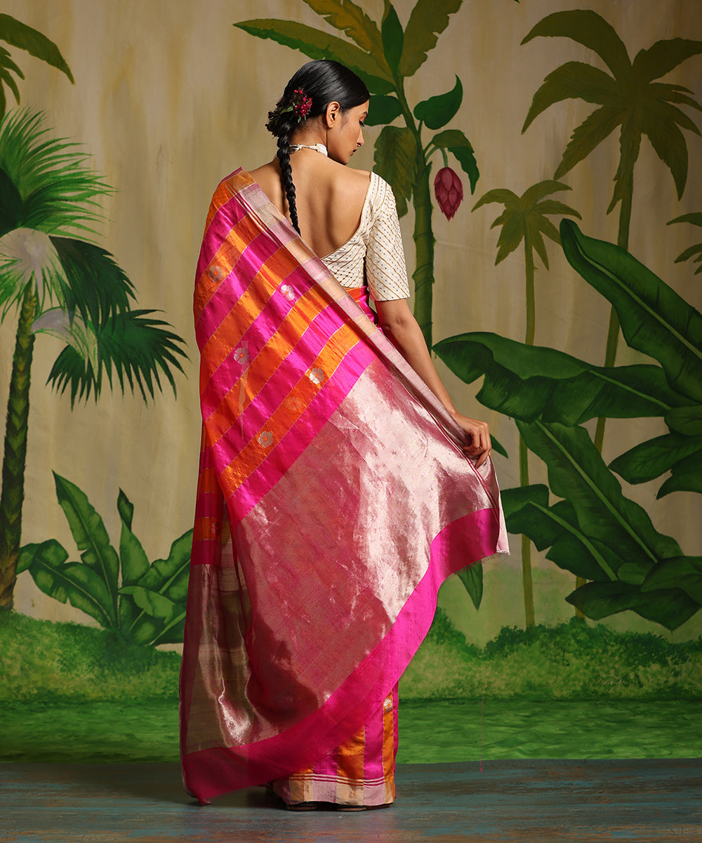 Orange_And_Rani_Handloom_Striped_Pure_Chanderi_Silk_Saree_With_5_Petal_Flower_Booti_WeaverStory_03